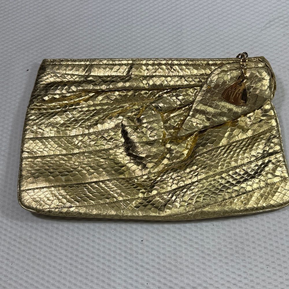 Morris Moskowitz Vintage 80s Genuine Reptile Skin Gold Clutch